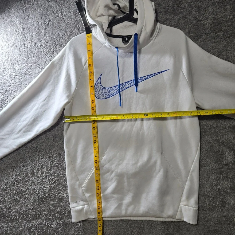 Nike Dri-FIT Mens Training Hoodie White Blue Graphic Swoosh Sweatshirt Small